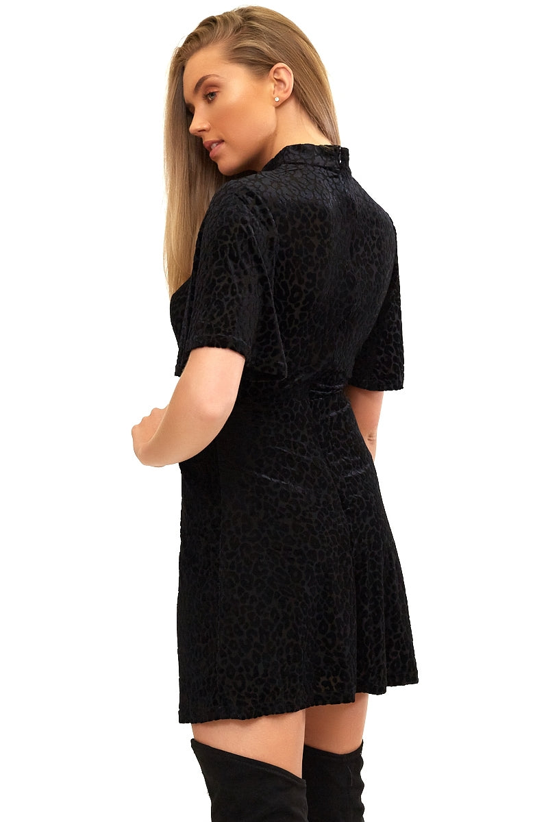 Jocelyn - Black Velvet Leopard Print Shift Dress