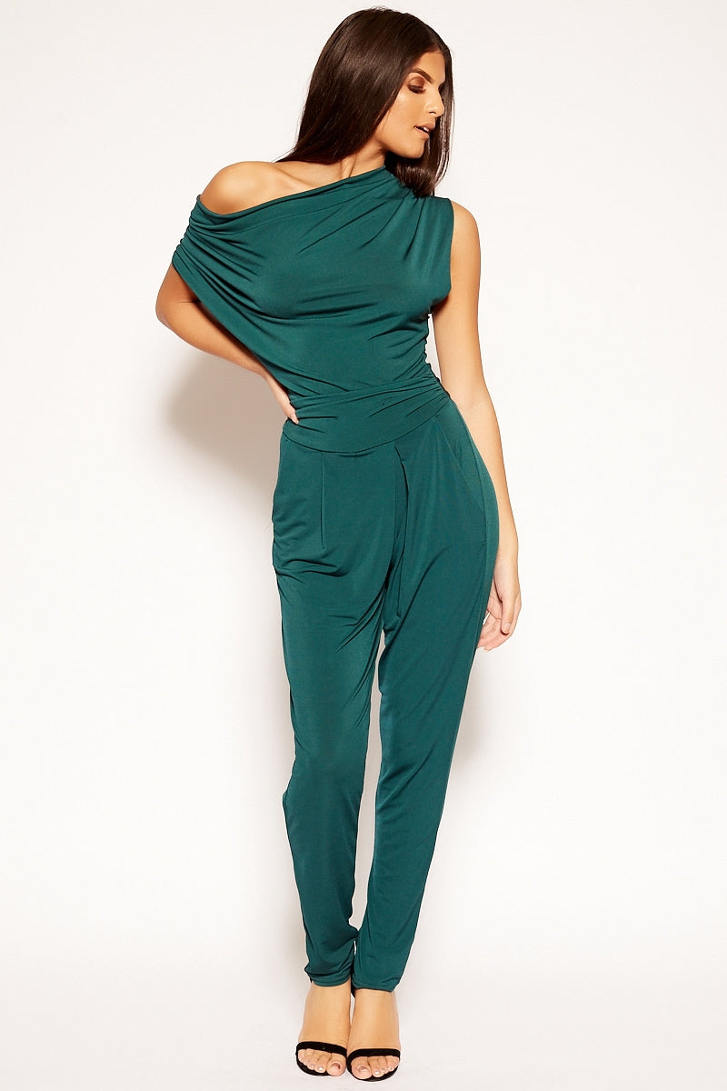 Kadie - Green Drape Off The Shoulder Jumpsuit 