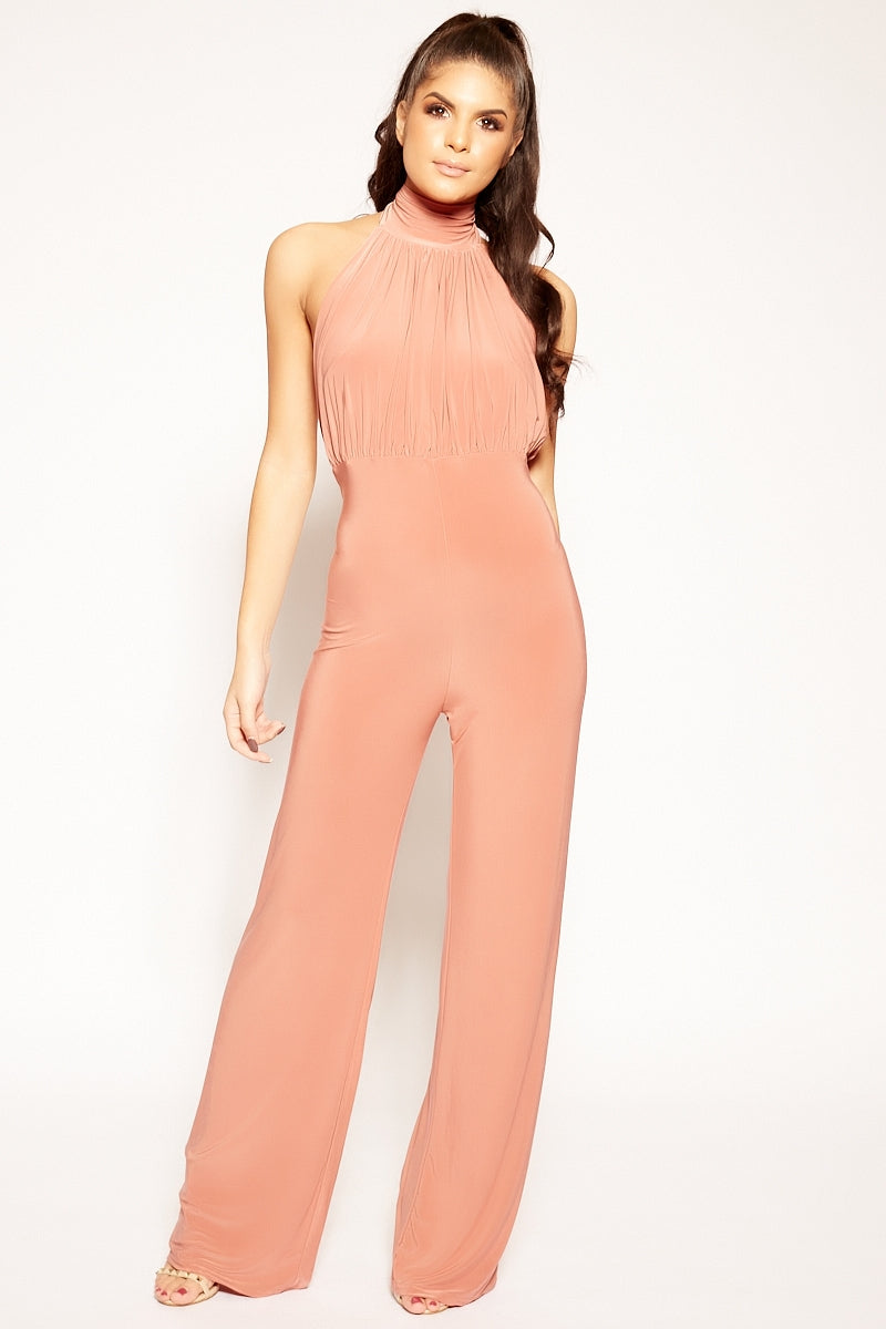 Lenax - Nude Pleated Halterneck Backless Jumpsuit