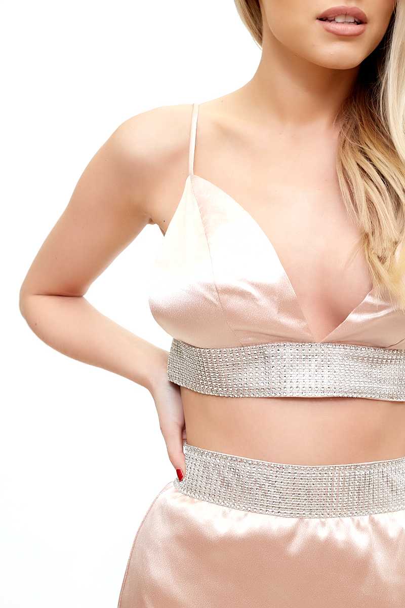 Alessandria - Rose Gold Diamante Satin Maxi Two Piece Set