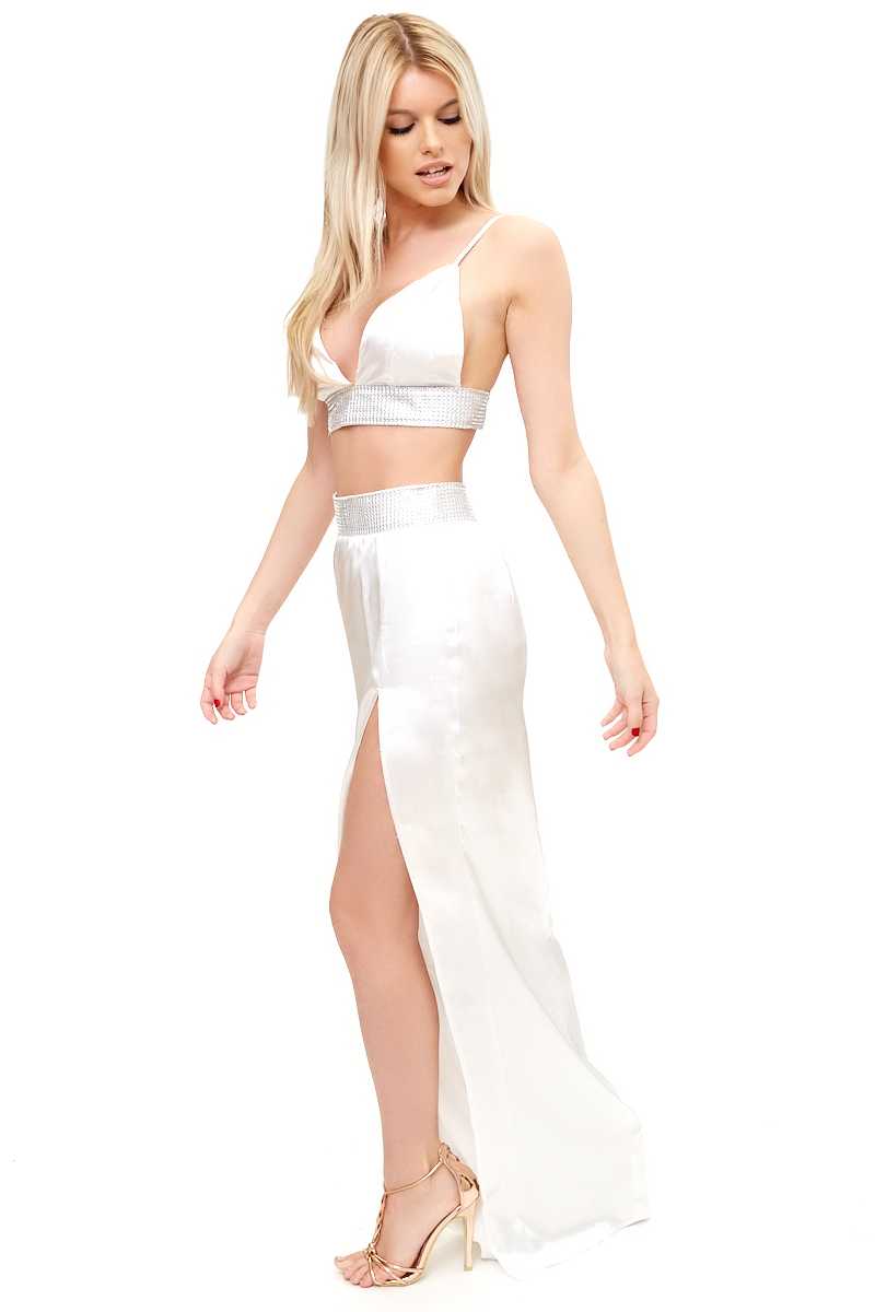 Alessandria - White Diamante Satin Maxi Two Piece Set