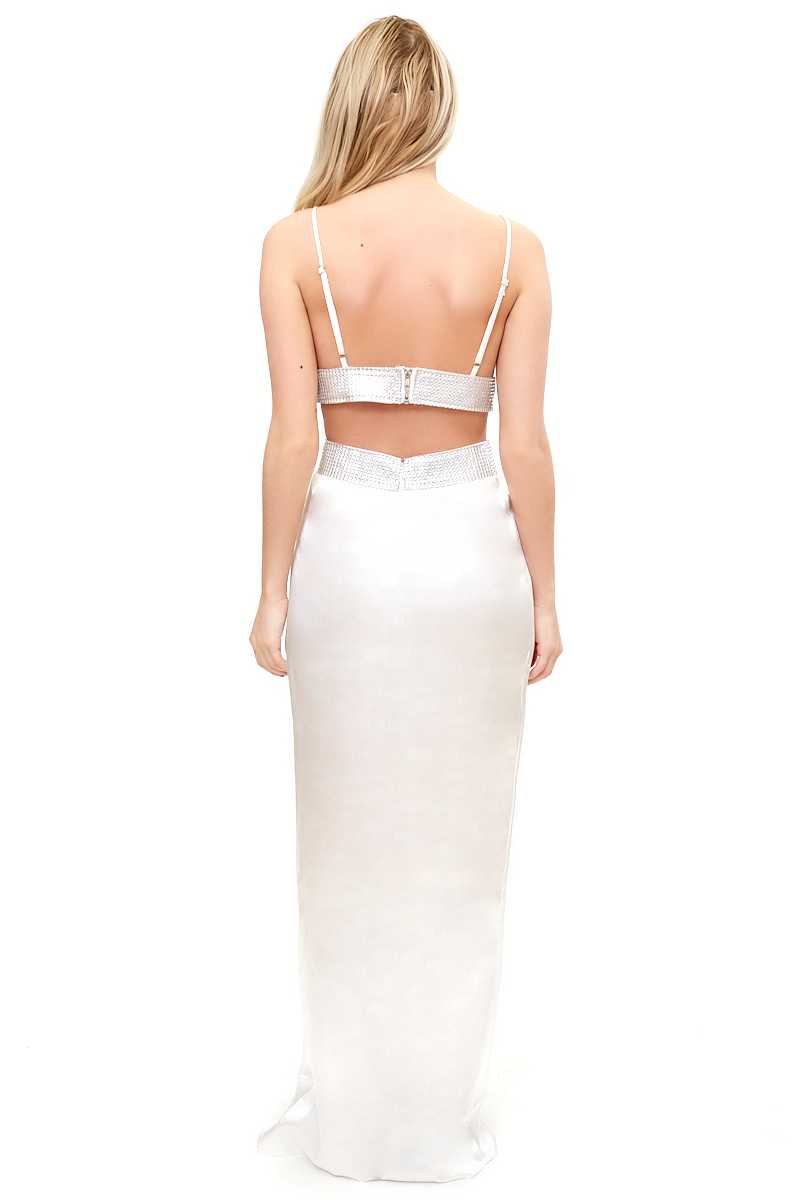 Alessandria - White Diamante Satin Maxi Two Piece Set