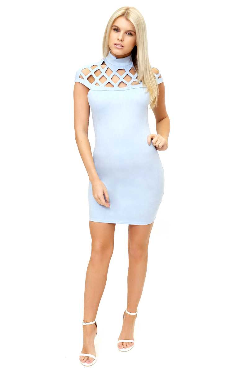 Eleni - Pale Blue Scuba Suede High Neck Body-con Dress Miss G Couture Eleni - Pale Blue Scuba Suede High Neck Body-con Dress Miss G Couture