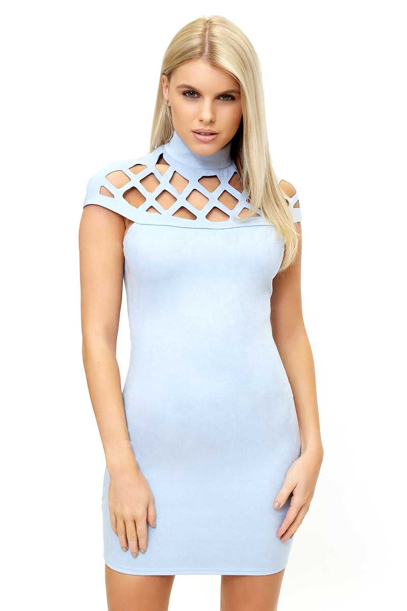 Eleni - Pale Blue Scuba Suede High Neck Bodycon Dress 