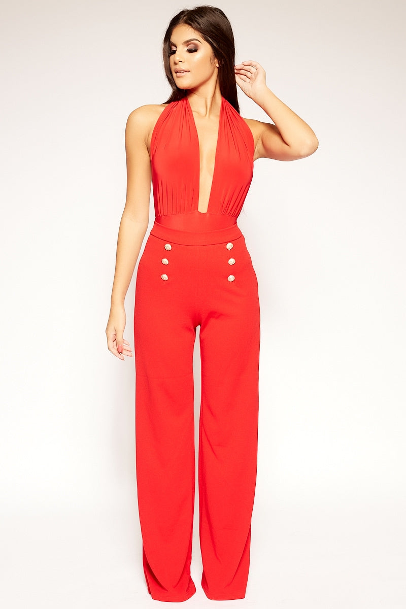 Lyndon - Red High Waisted Gold Button Trousers