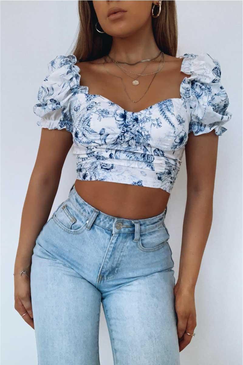 Reva - Blue Floral Puff Sleeve Crop Top