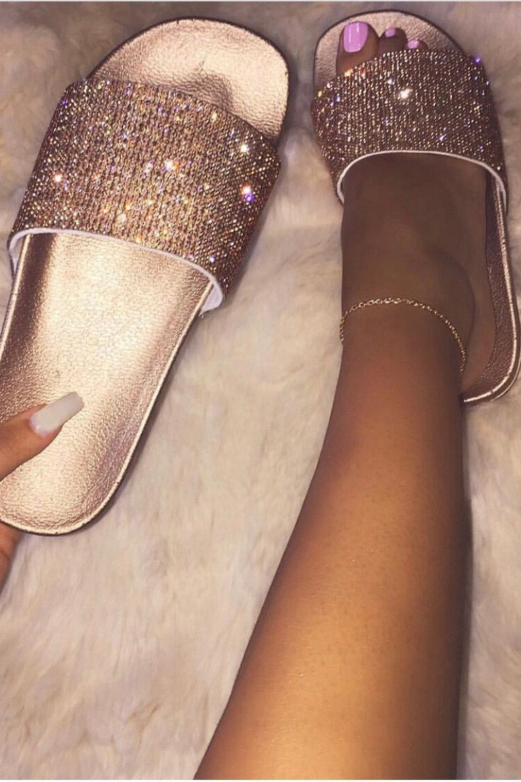 Selena - Rose Gold Diamante Sliders 