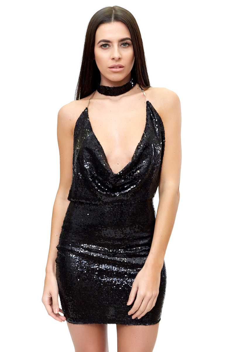 Tarlia - Black Sequin Cowl Neck Choker Dress