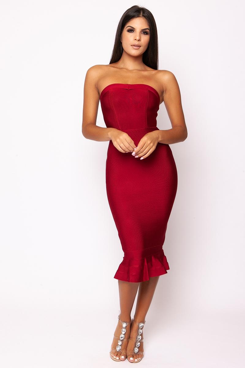 Pennie - Wine Strapless Fishtail Bandage Midi Dress