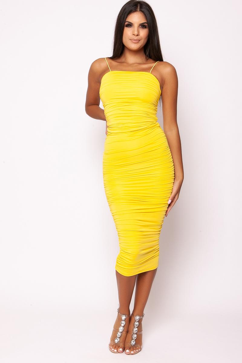 Gisella Yellow Ruched Strappy Midi Dress Midi Dresses Miss G