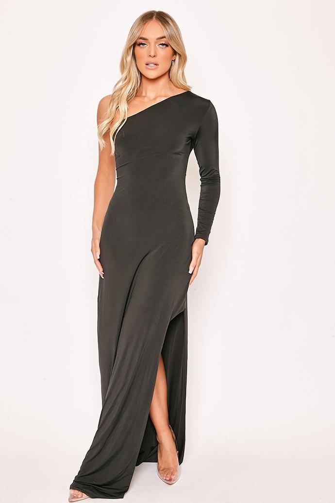 Roma - Black One Shoulder Thigh High Split Evening Dress