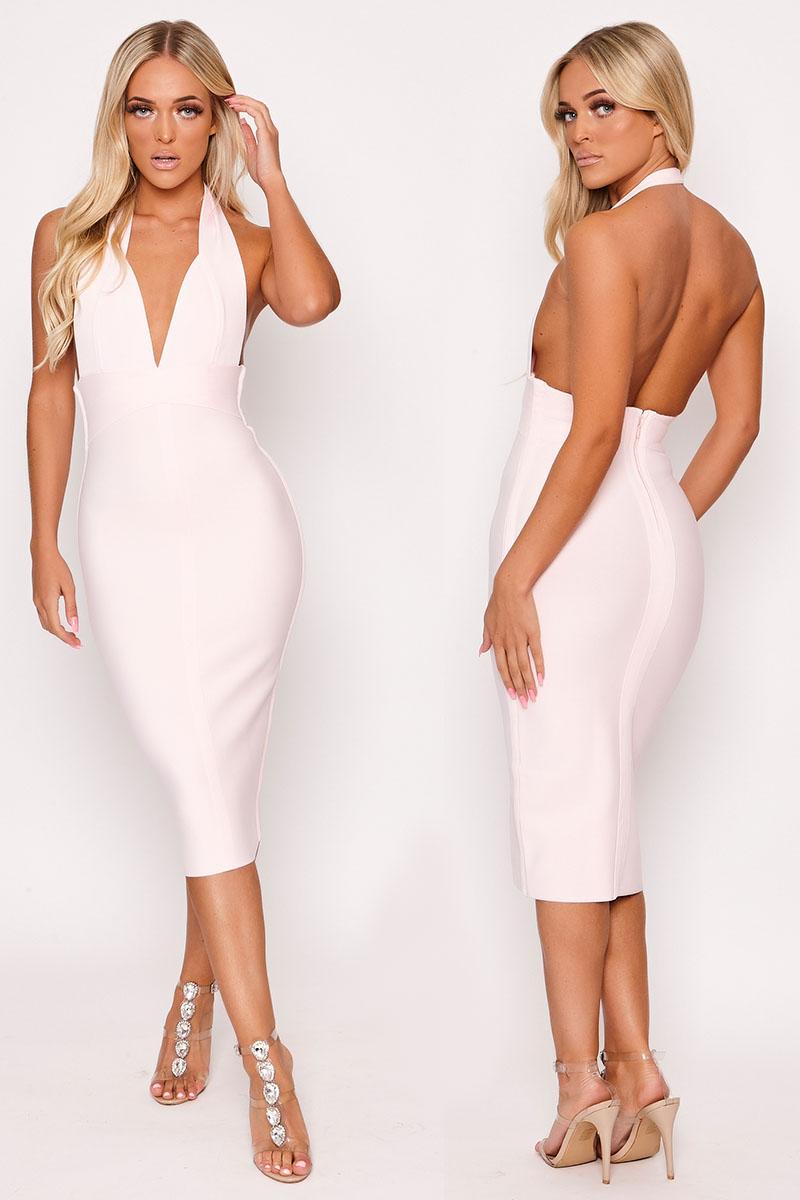 Felicity - Pale Pink Halterneck Bandage Midi Dress 