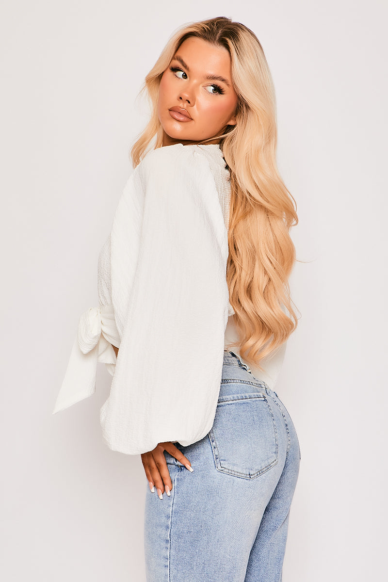 Laina - White Tie Front Crop Top