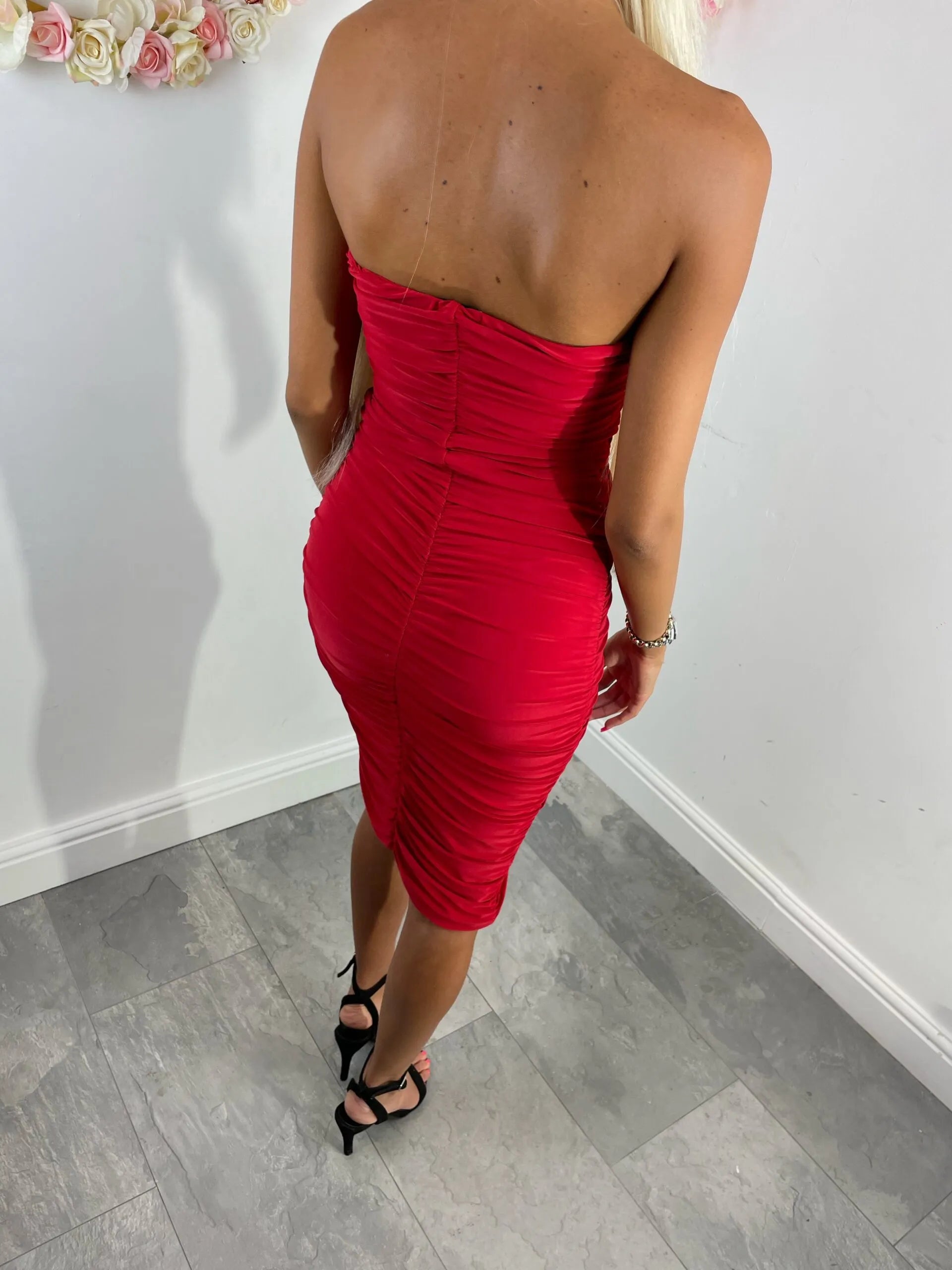 Natalie Red Bandeau V Bar Bodycon Dress Miss G Couture