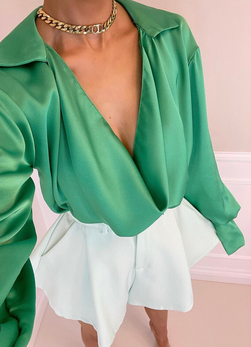 Paige - Green Satin Cowl Neck Blouse