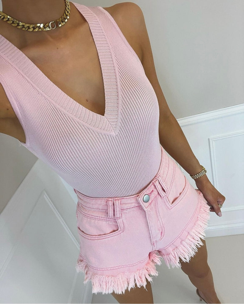 Lo - Premium Knitted V Neck Pink Bodysuit