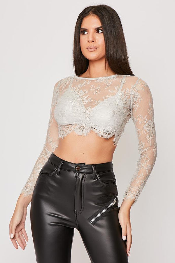 Raina - Grey Long Sleeve Lace Bra Top 