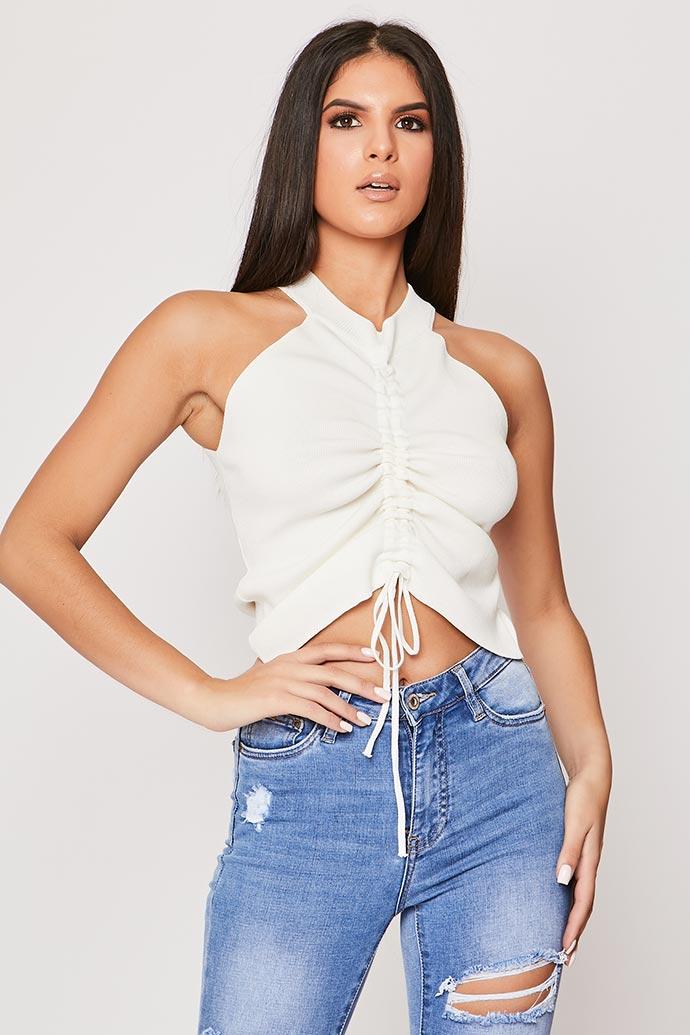 Karah - White Front Ruched High Neck Knitted Top