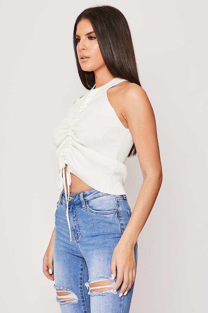 Karah - White Front Ruched High Neck Knitted Top