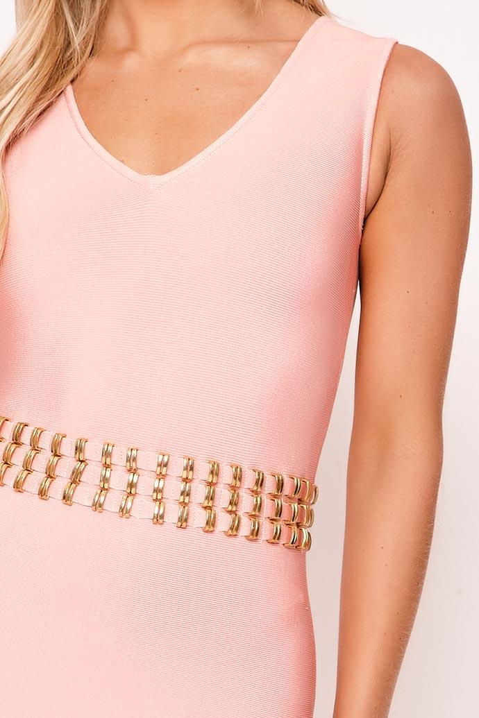 Vogue - Pink & Gold Detail Thigh Split Bandage Dress