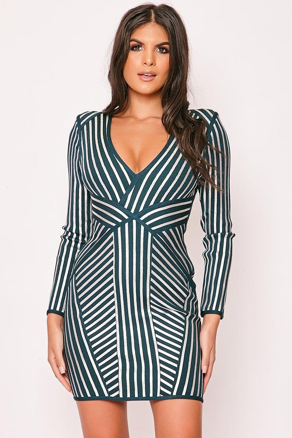 Lima - Green & Silver Long Sleeve Bandage Dress 