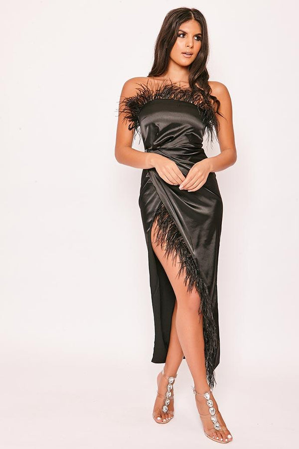 Vivienne  - Black Strapless Feather Trim Thigh Split Satin Dress 