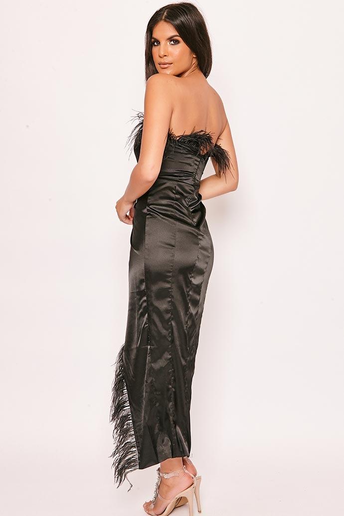 Vivienne  - Black Strapless Feather Trim Thigh Split Satin Dress