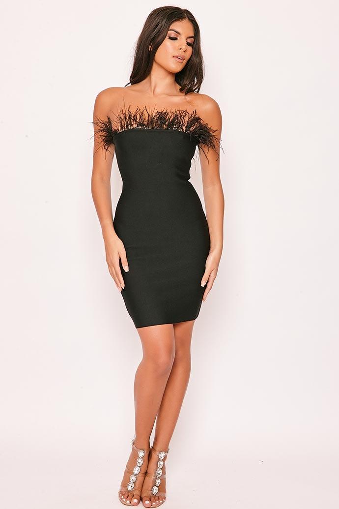 Persia - Black Strapless Feather Trim Bandage Dress