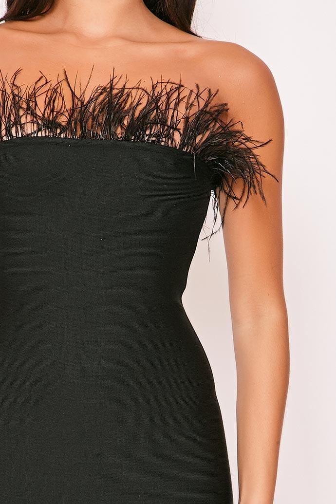Persia - Black Strapless Feather Trim Bandage Dress
