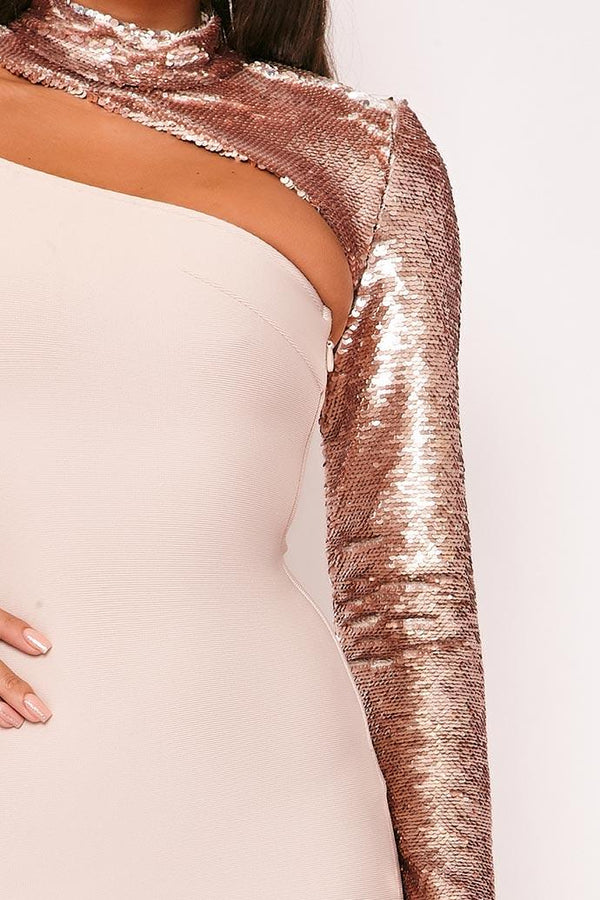 Nikola - Nude & Rose Gold Long Sleeve Sequin Bandage Dress