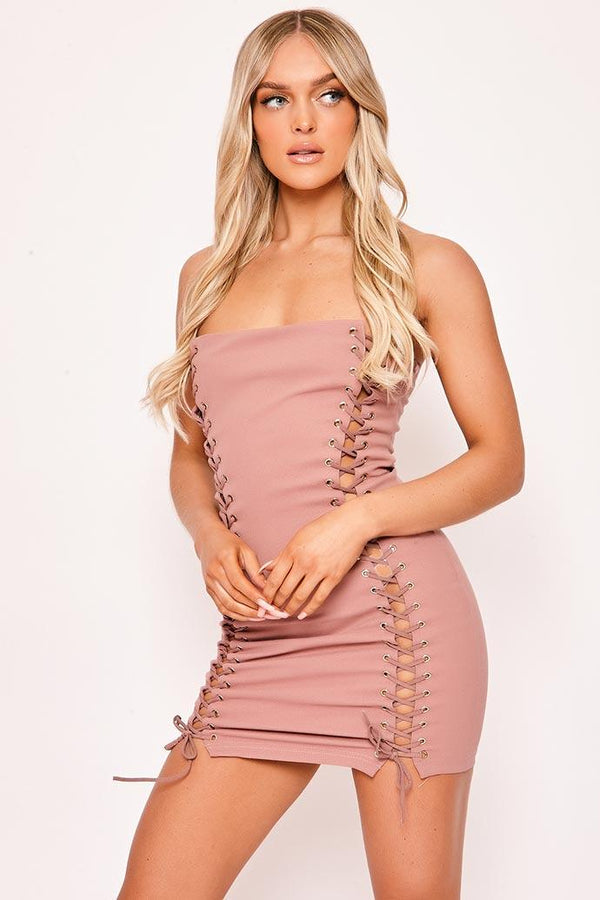 Morgan - Pink Strapless Lace Up Dress