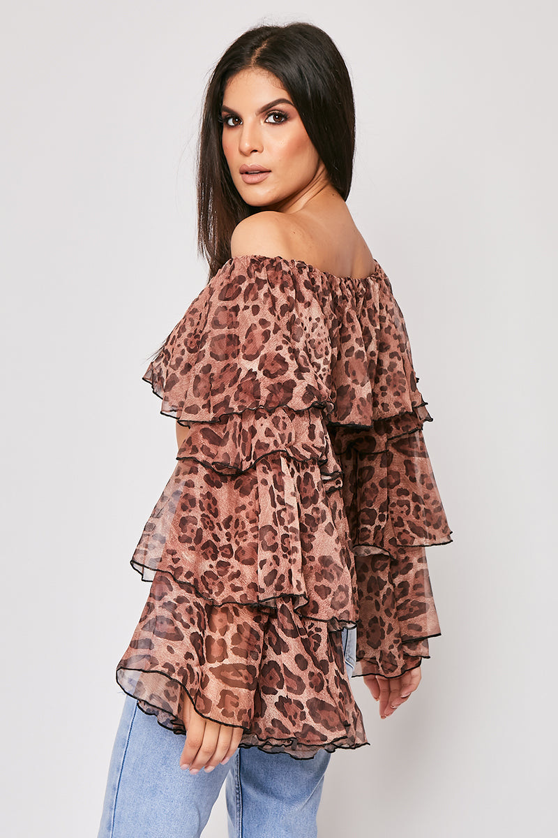 Mira - Leopard Print Chiffon Layered Off The Shoulder Top