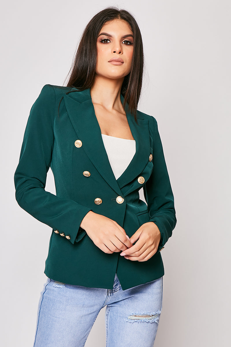 Rafal - Dark Green Gold Button Double Breast Blazer