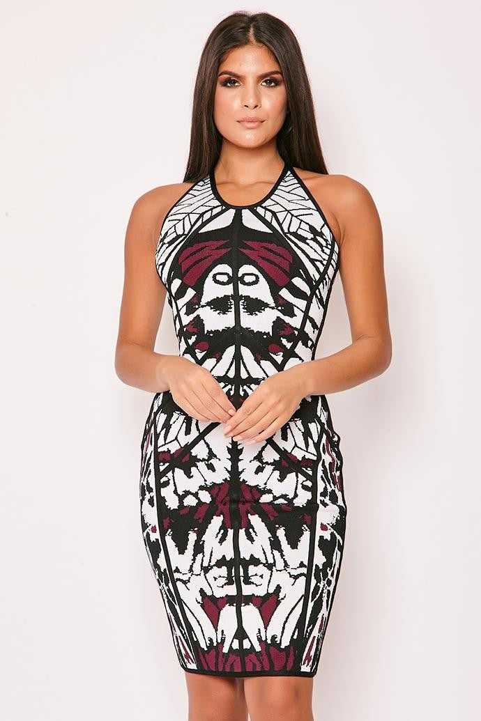 Adoria - White & Purple Printed Bandage Dress