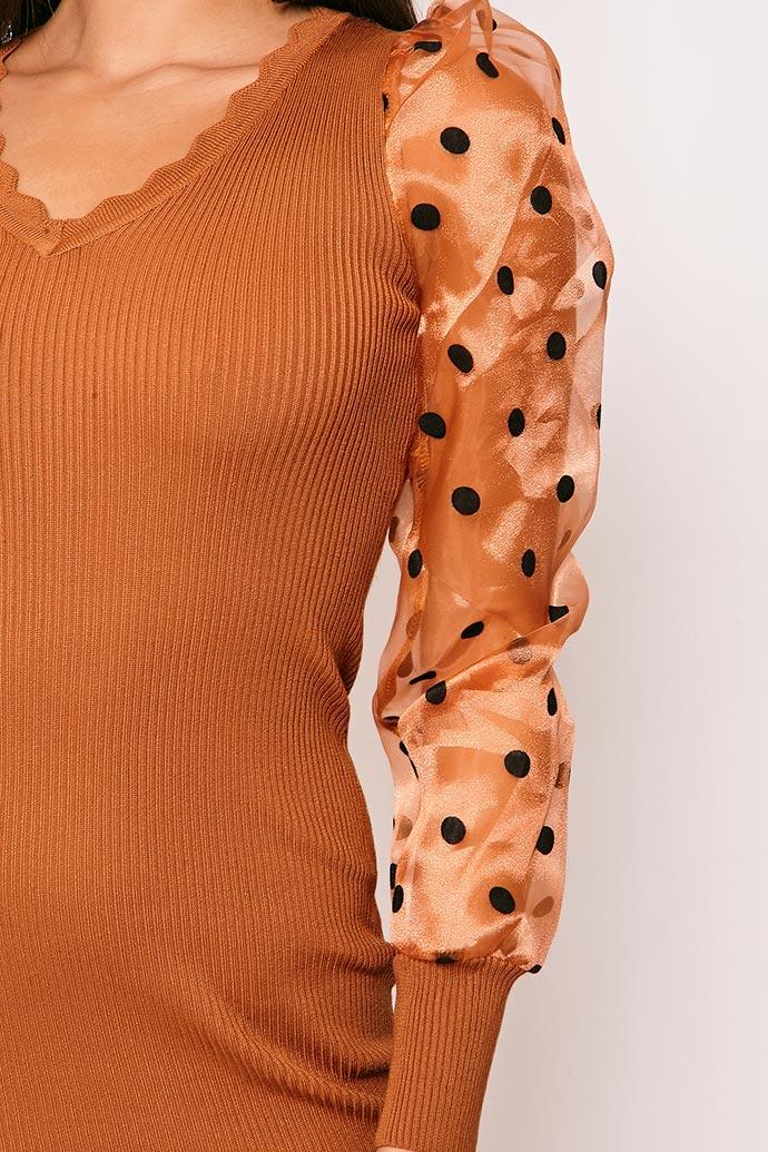 Ryenne - Rust Polka Dot Sheer Sleeve Ribbed Jumper Dress