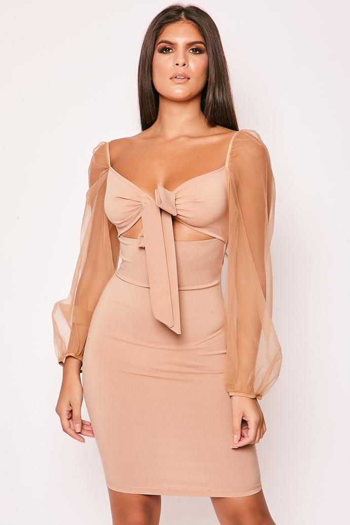 Juli - Nude Tie Front Organza Mini Dress 