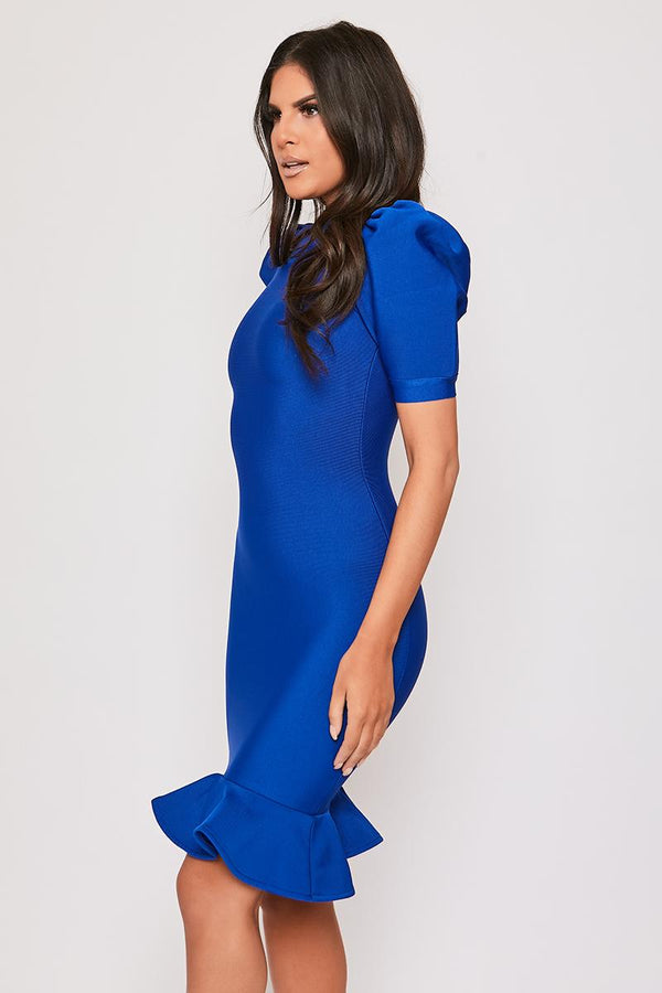 Shelley - Royal Blue Puff Sleeve Ruffle Hem Bandage Dress