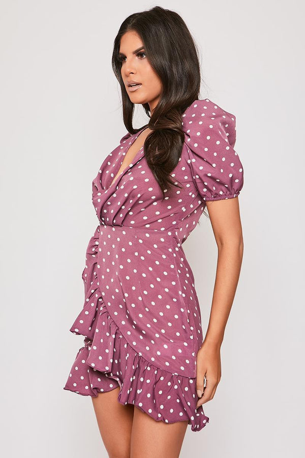 Anjelica - Mauve Polka Dot Puff Sleeve Mini Dress