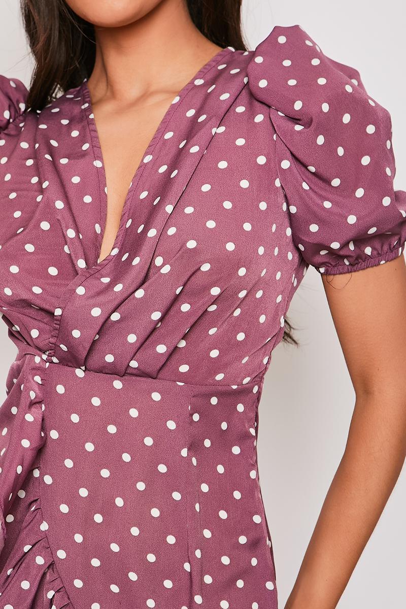 Anjelica - Mauve Polka Dot Puff Sleeve Mini Dress