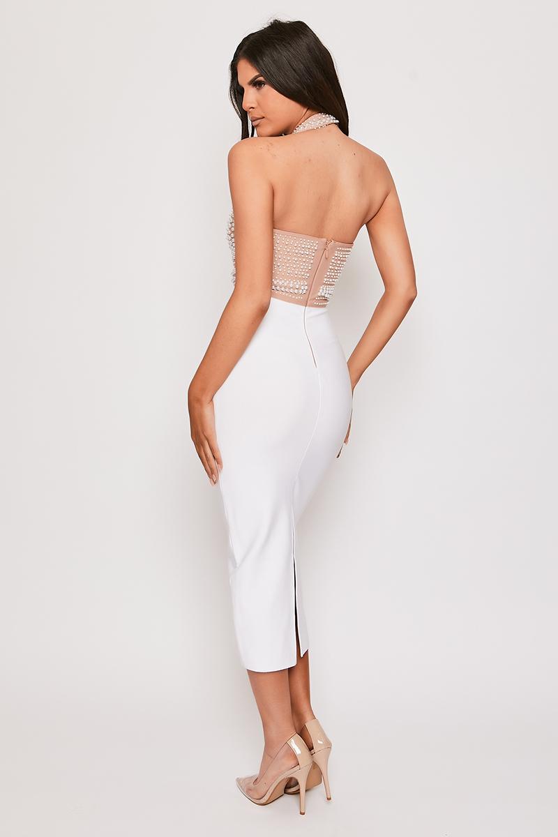 Nadia - White & Nude Pearl Halterneck Bandage Midi Dress