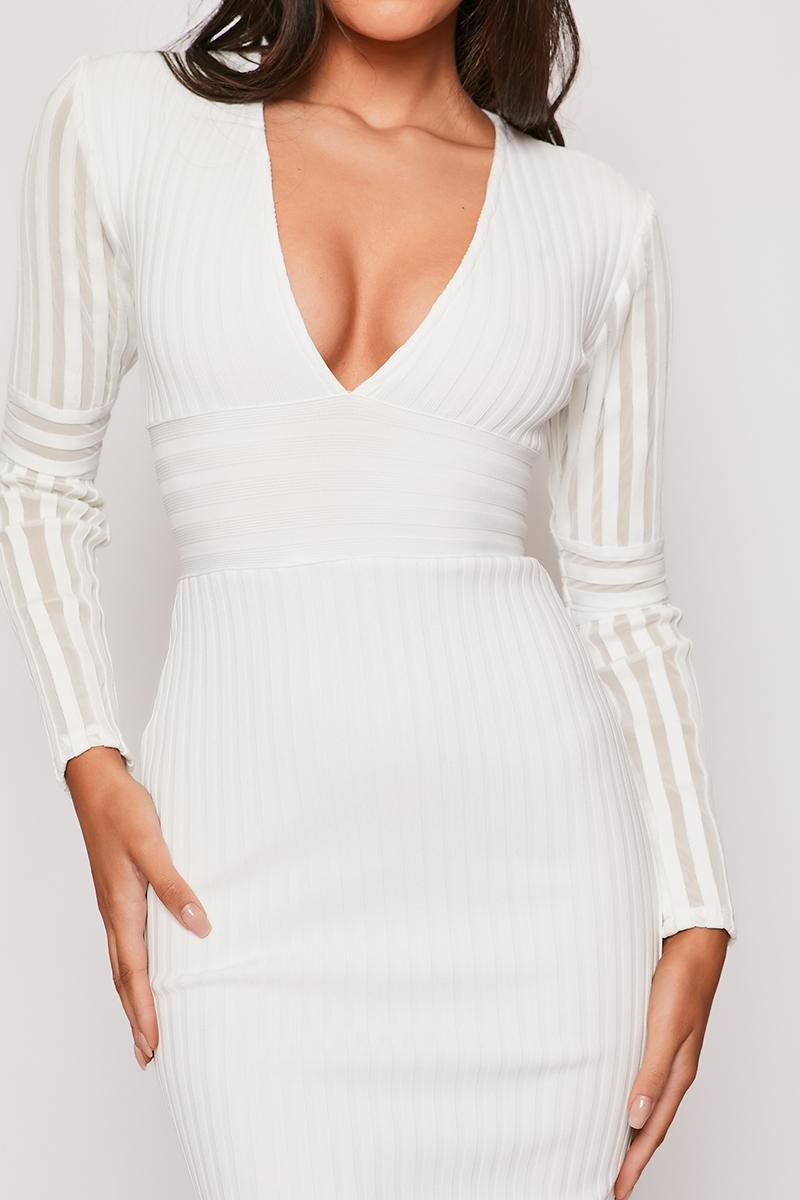 Chrissie - White Long Sleeve V Neck Bandage Midi Dress