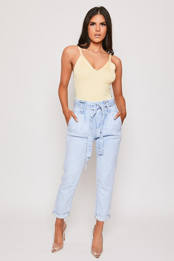 Jessicah - Yellow Ribbed V Neck Knitted Strappy Top