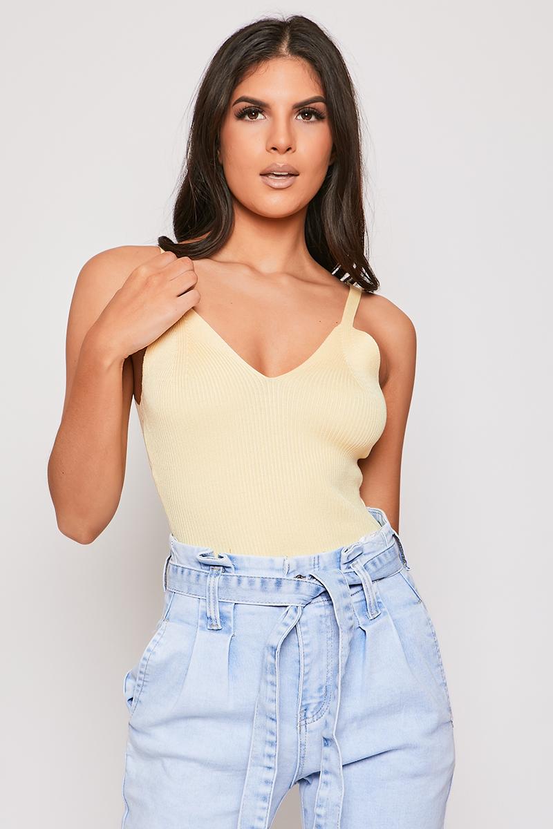 Jessicah - Yellow Ribbed V Neck Knitted Strappy Top