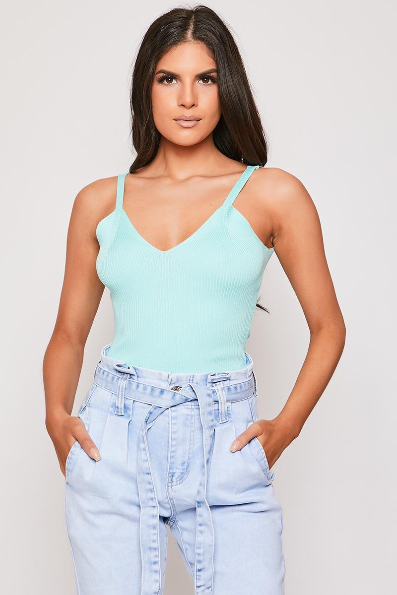 Jessicah - Mint Green Ribbed V Neck Knitted Strappy Top