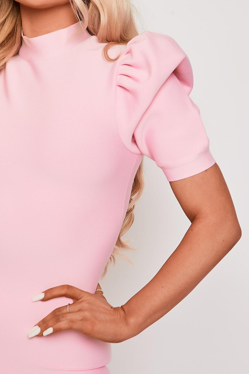Shelley - Baby Pink Puff Sleeve Ruffle Hem Bandage Dress