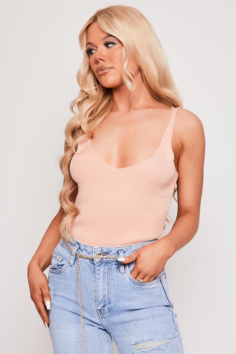 Jessicah - Peach Ribbed V Neck Knitted Strappy Top