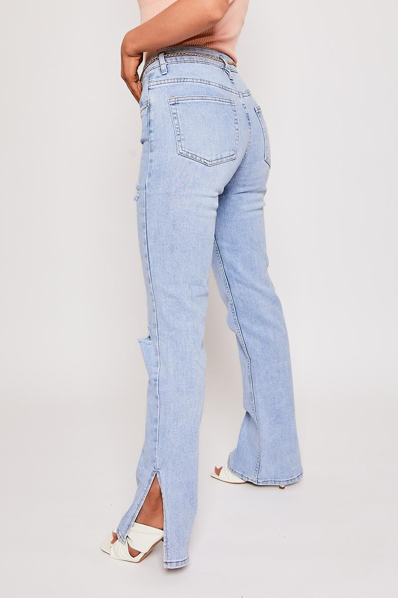 Danni Belted Ankle Slit Light Blue Mom Jeans