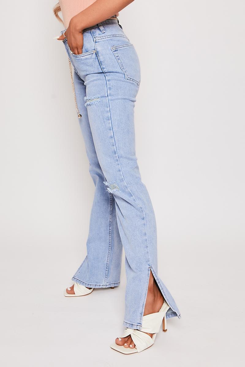Danni - Belted Ankle Slit Light Blue Mom Jeans