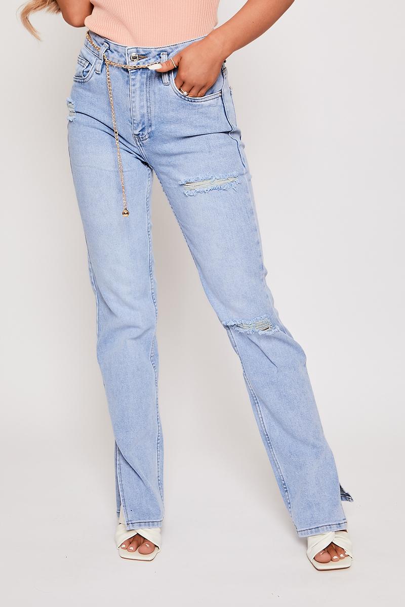 Danni - Belted Ankle Slit Light Blue Mom Jeans
