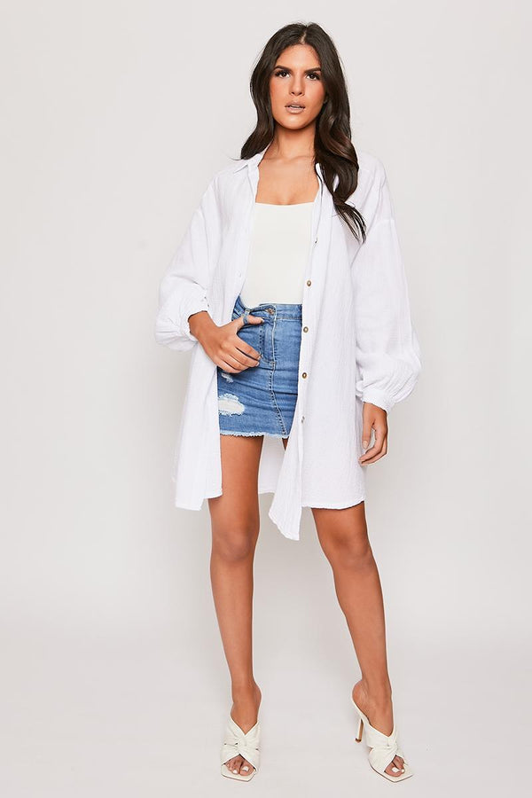 Shaunie - White Oversized Longline Textured Shirt 